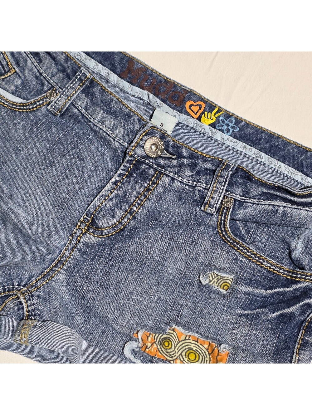 Mudd Women's Denim Shorts Size 9 with Distressed Patchwork boho festival peace